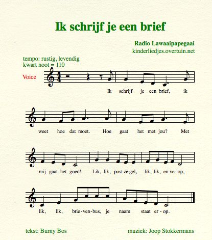 bladmuziek en muziek kinderliedje radio lawaaipapegaai peuterliedjes kleuterliedjes brieven schrijven post versturen kaartje sturen