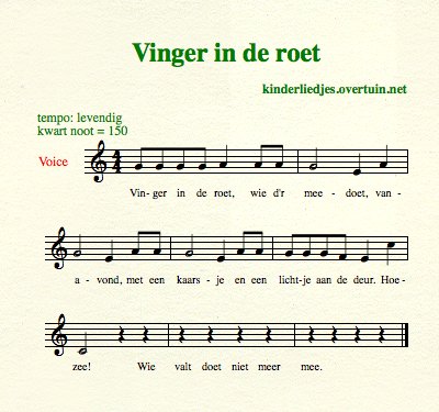 bladmuziek en muziek oude kinderliedjes met noten muzieknoten muzieknotatie pianomuziek vinger in de roet
